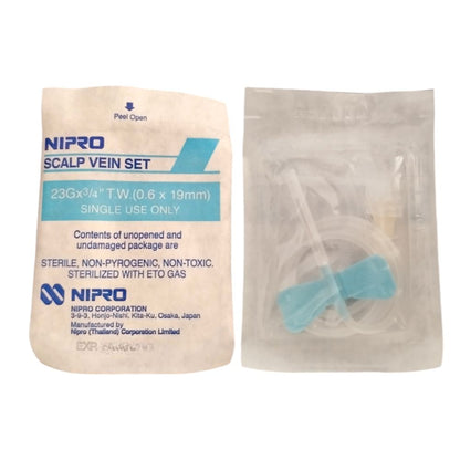 Mariposa Scalp Vein Nipro 23 g: set estéril para vena del cuero cabelludo, etiqueta azul
