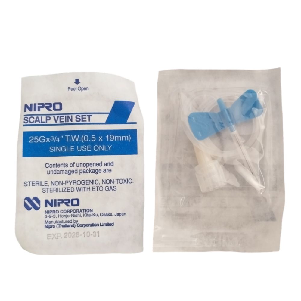 Mariposa Scalp Vein Nipro 25 g: set estéril para vena del cuero cabelludo, tapa azul