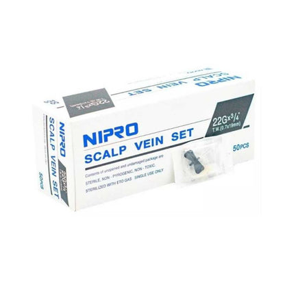 Mariposa Scalp Vein Nipro 22 g: caja con 50 unidades del set para vena del cuero cabelludo