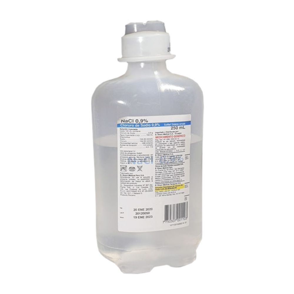 Suero fisiologico 250 ml NaCl 0,9% con etiqueta trasera