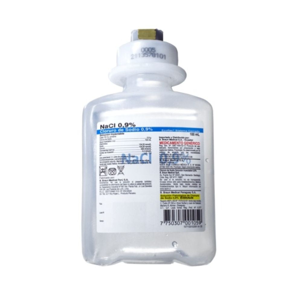 Suero fisiologico NaCl 0,9% 100 ml, vista trasera del envase