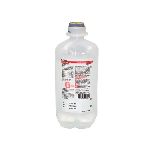 Suero glucosado 5% en frasco de 500 ml, etiqueta trasera y tapón