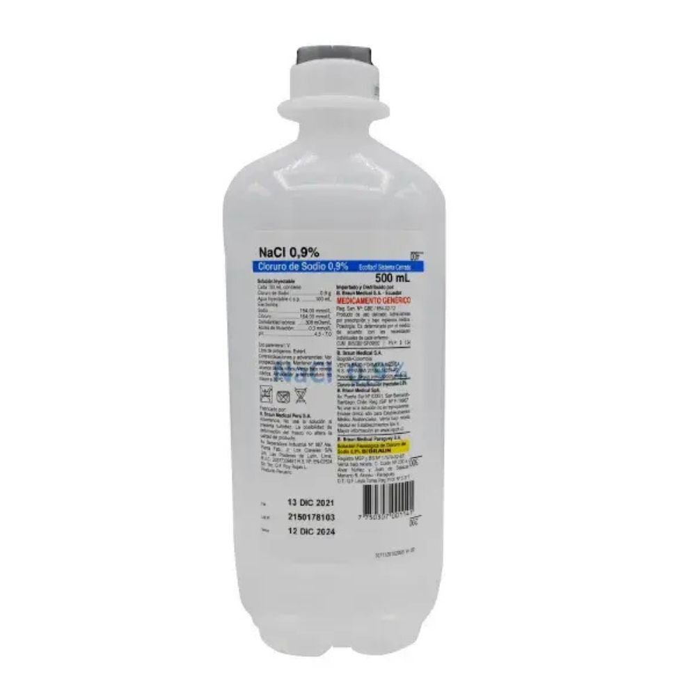 Suero fisiologico 500 ml NaCl 0,9% con etiqueta trasera