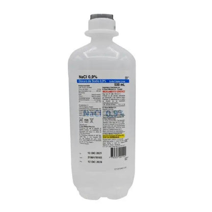 Suero fisiologico 500 ml NaCl 0,9% con etiqueta trasera