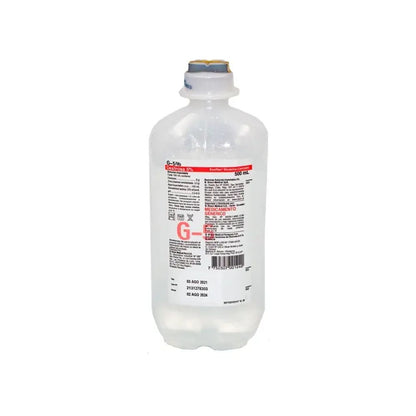 Suero glucosado 5% 500 ml, frasco blanco con cierre y texto del medicamento
