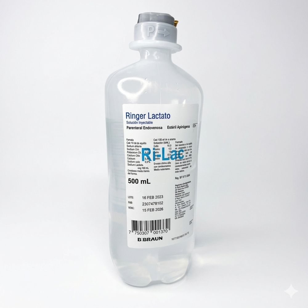 Frasco de suero Ringer Lactato 500 mL, etiqueta frontal y conector superior