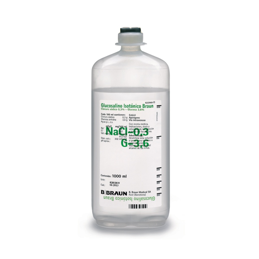 Suero glucosalino isotónico en frasco transparente de 1000 ml