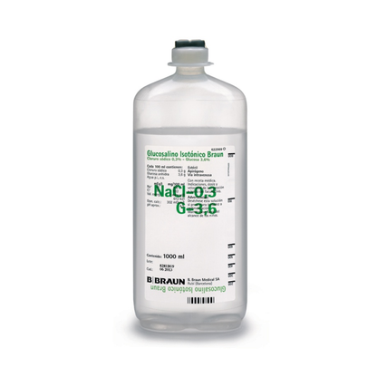 Suero glucosalino isotónico en frasco transparente de 1000 ml