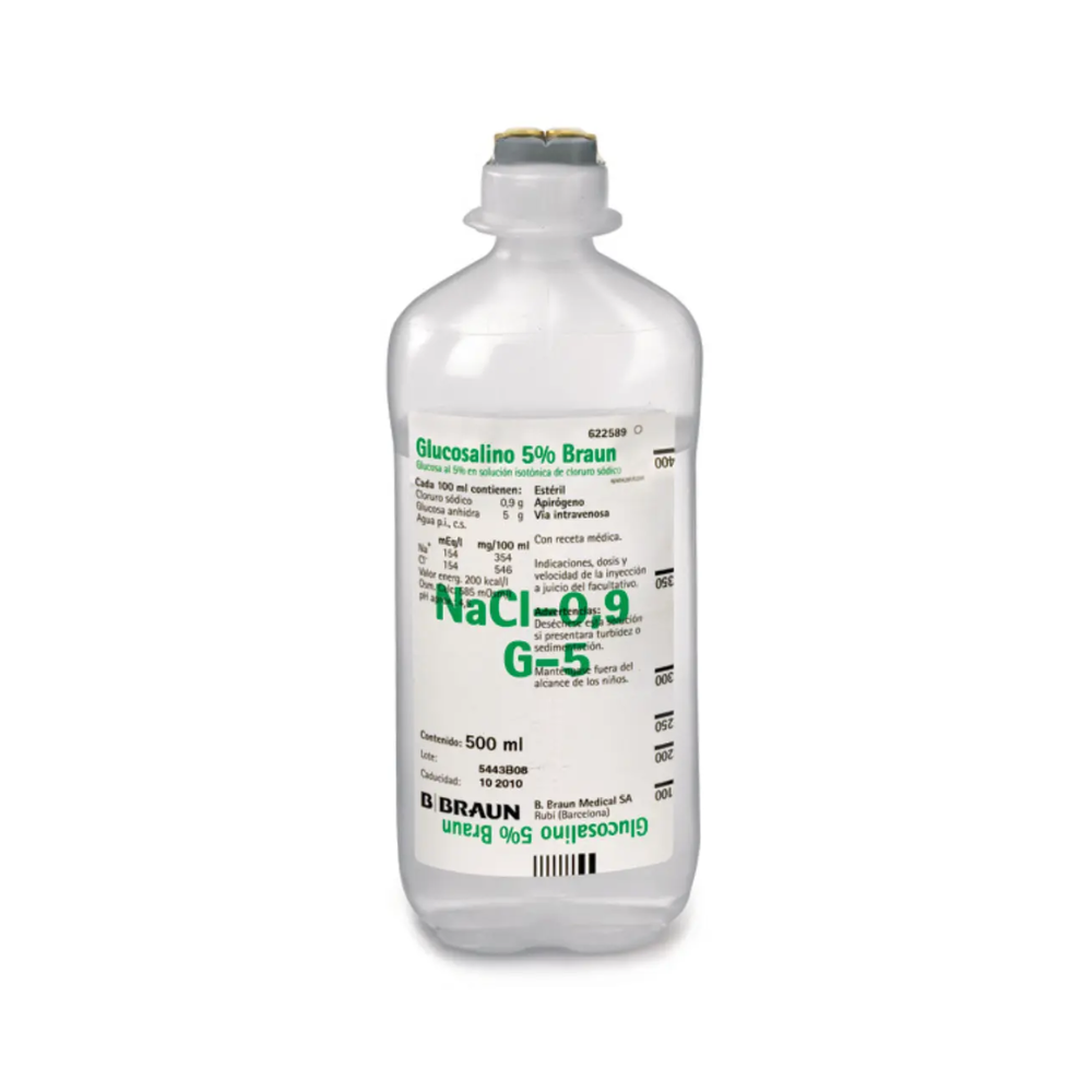Suero glucosalino isotónico en frasco transparente de 500 ml