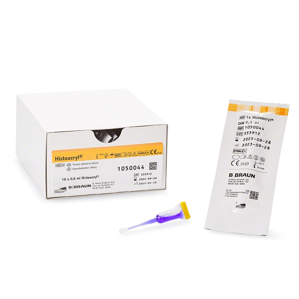 Histoacryl Azul 0,5 ml: caja y aplicador con punta amarilla y gotero morado
