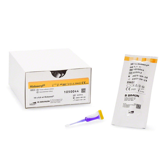 Histoacryl Azul 0,5 ml: caja y aplicador con punta amarilla y gotero morado