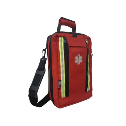 Bolso paramédico rojo con franja reflectante, correas ajustables y logo de primeros auxilios