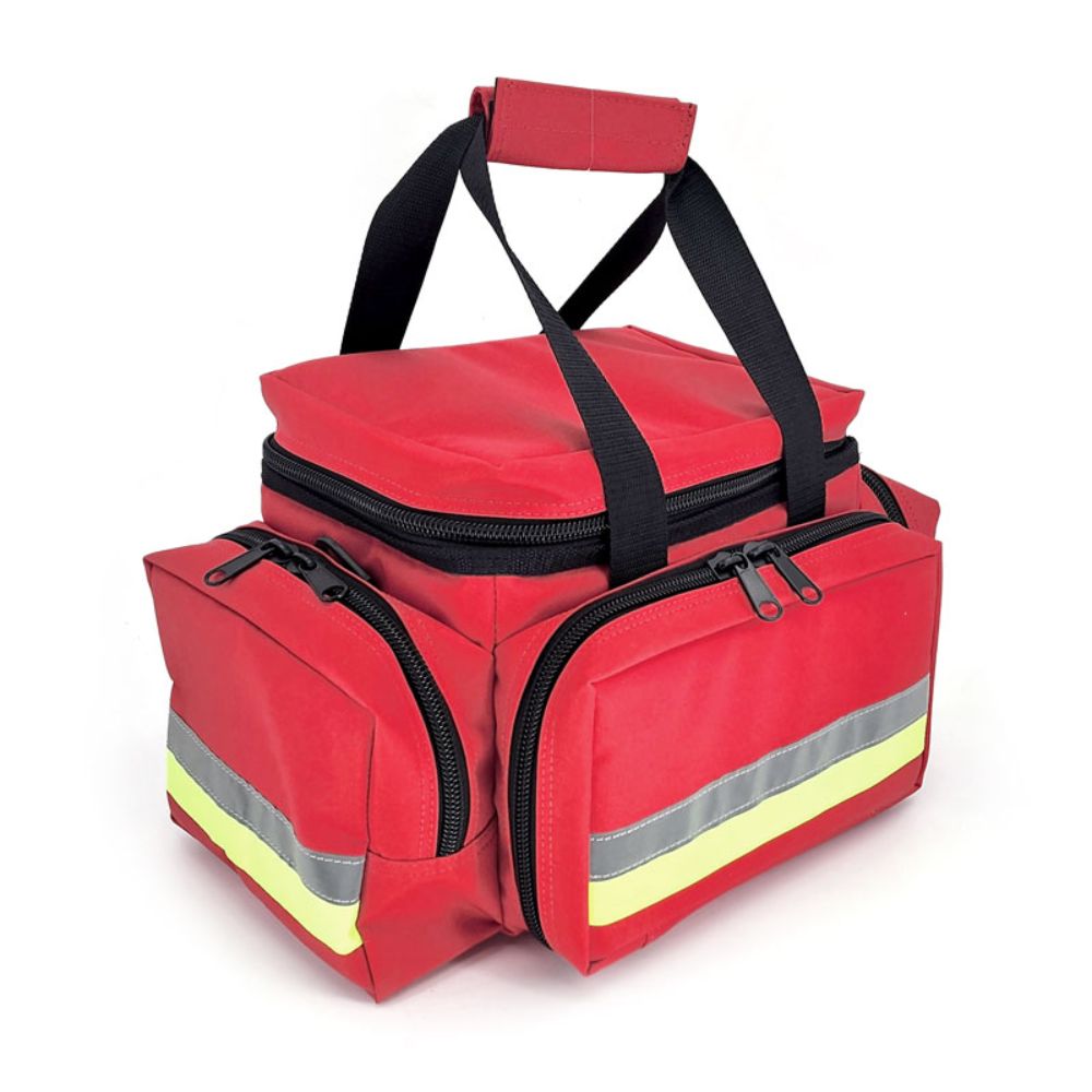 Bolso paramédico rojo con asas acolchadas, cremalleras dobles y franja reflectante