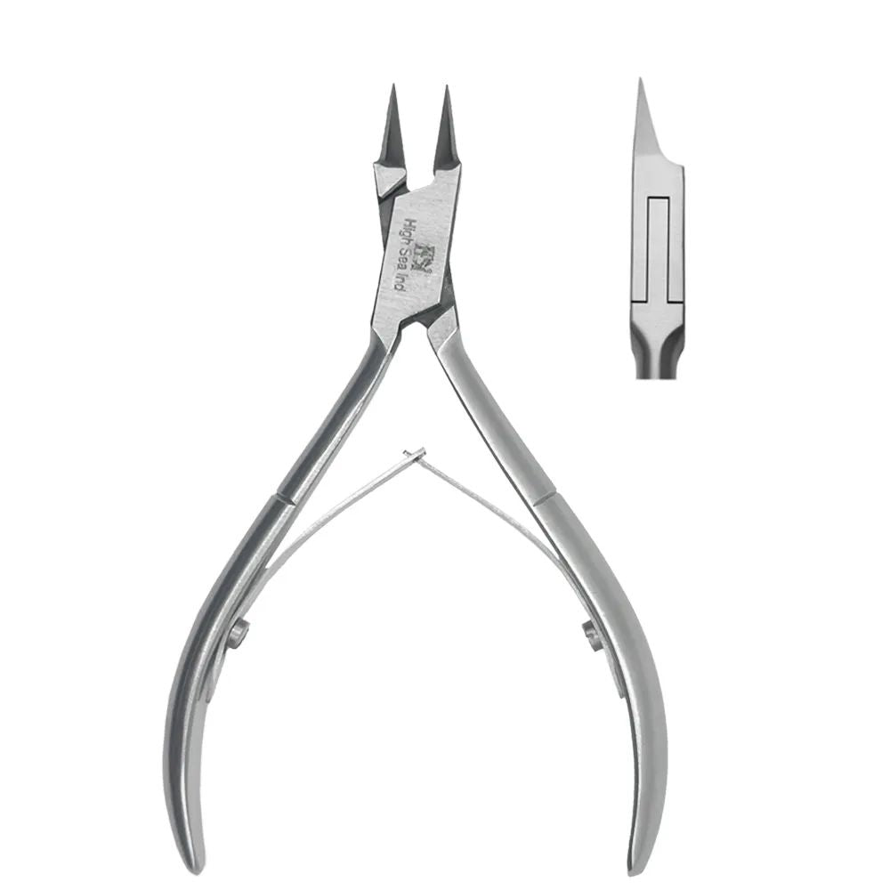 Alicate recto 14 cm: vista lateral de las puntas y bisagra con resorte