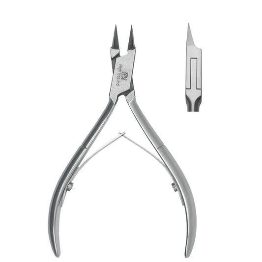 Alicate recto 14 cm: vista lateral de las puntas y bisagra con resorte