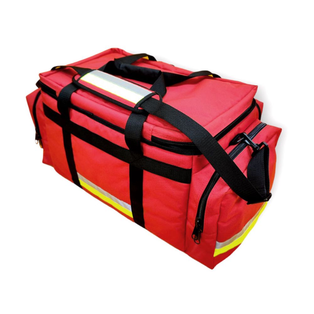 Bolso paramédico rojo con asa superior, correas cruzadas negras y franja reflectante