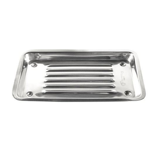 Bandeja acanalada metálica rectangular con ranuras, borde con esquinas redondeadas