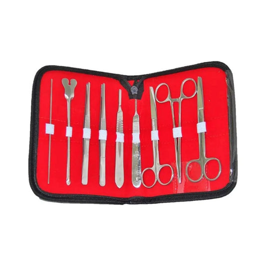 Estuche Diseccion rojo con instrumentos metálicos en funda