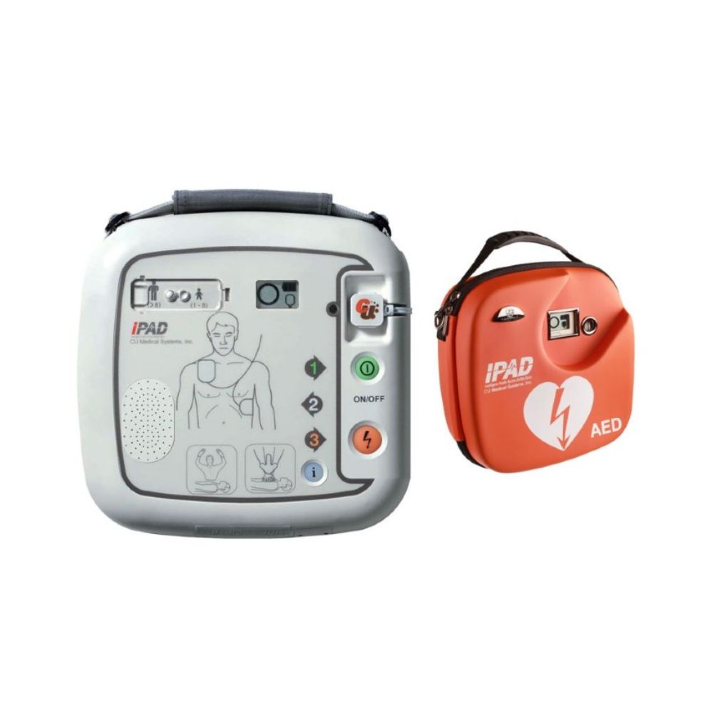 Desfibrilador iPAD SP1 con unidad gris y maletín naranja AED