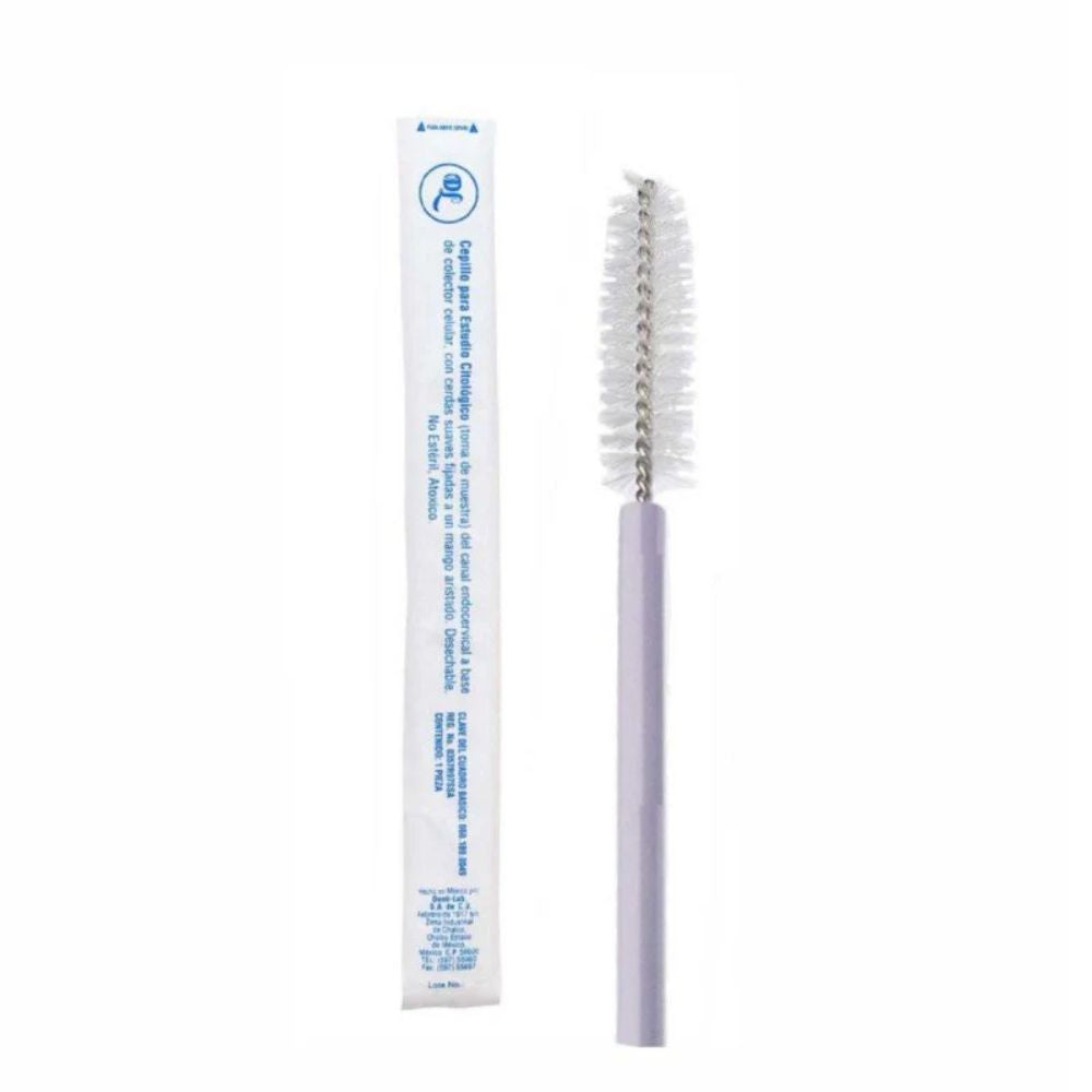 Cepillo cervical esteril con mango morado y cerdas blancas