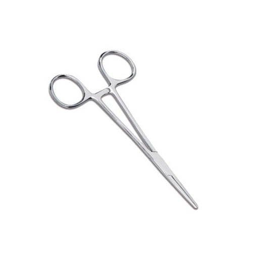 Pinza Kelly recta de acero, con anillos para los dedos y puntas rectas.