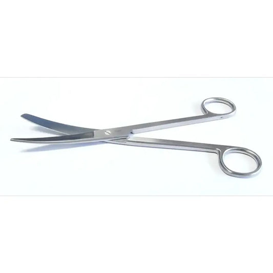 Tijera quirúrgica curva de 14 cm, acero inoxidable, mangos con anillos.