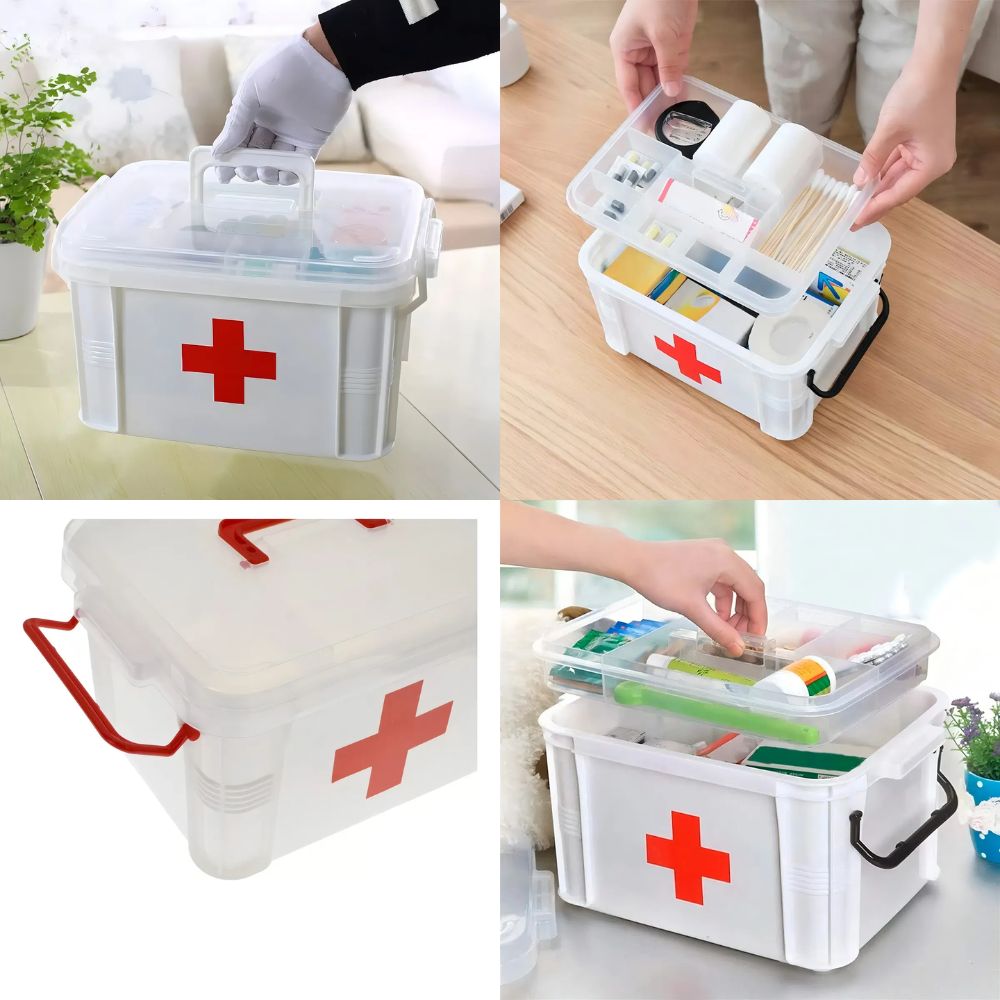 Caja plástica para botiquín con asa, compartimentos y cruz roja visible