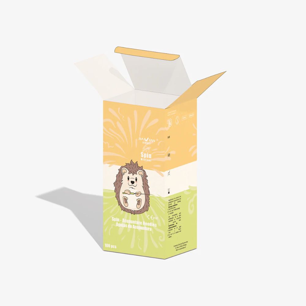 Caja de agujas de acupuntura Spin, empaque con diseño amarillo y blanco