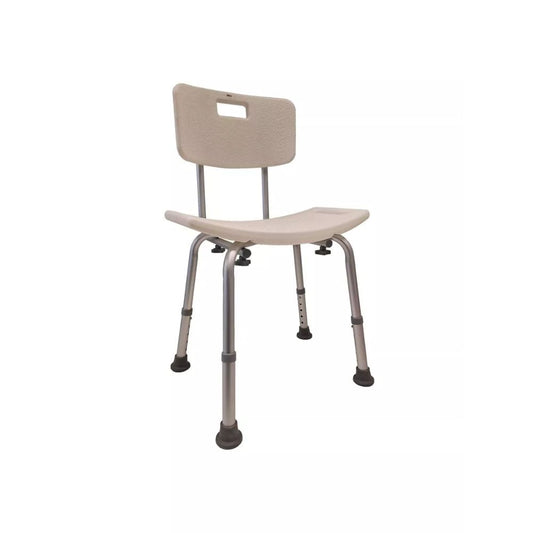 Silla de ducha con respaldo extraíble, asiento beige y patas ajustables grises