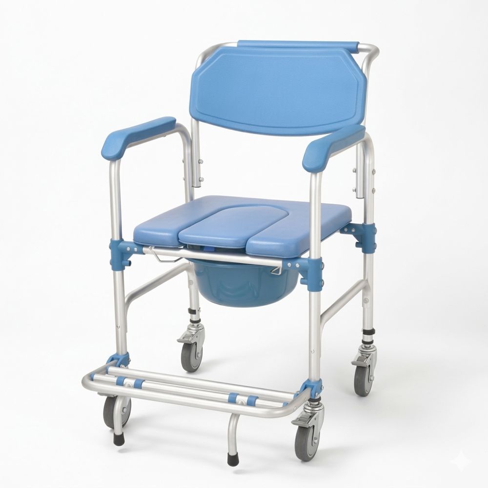Silla sanitaria azul con asiento acolchado y cubeta higiénica con ruedas