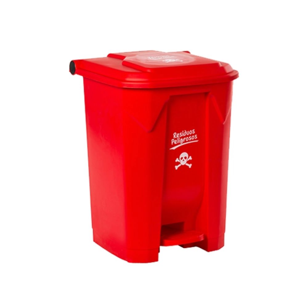 Contenedor de plástico rojo 45 L con tapa y pedal abatible, señal de residuos peligrosos
