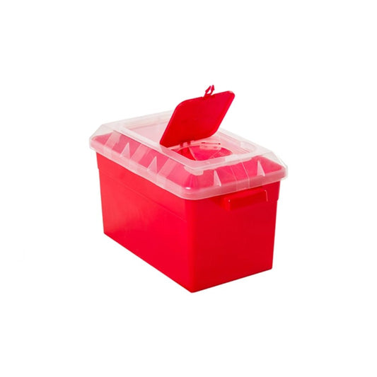 Contenedor rojo con tapa abatible transparente y abertura superior