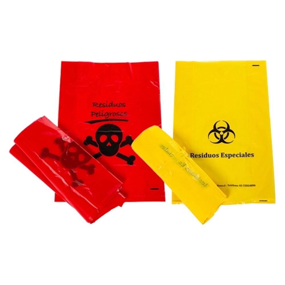 Bolsas Reas para residuos peligrosos, rojas y amarillas, con icono de riesgo