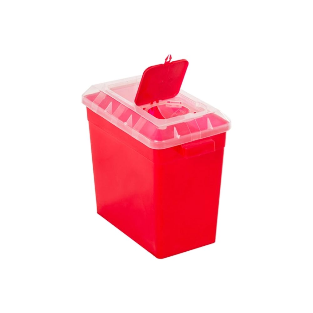 Contenedor de residuos rojo abierto, tapa abatible y abertura circular