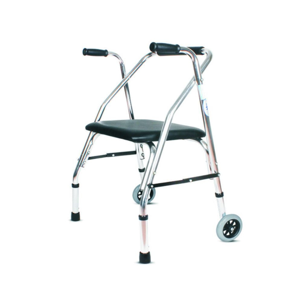 Andador con asiento y 2 ruedas, estructura metálica y manijas acolchadas