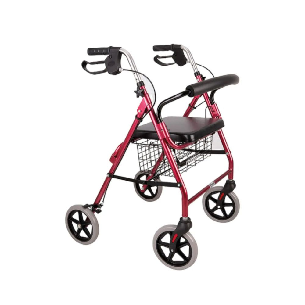 Andador articulado plegable de aluminio, rojo, asiento y canasto, ruedas delanteras