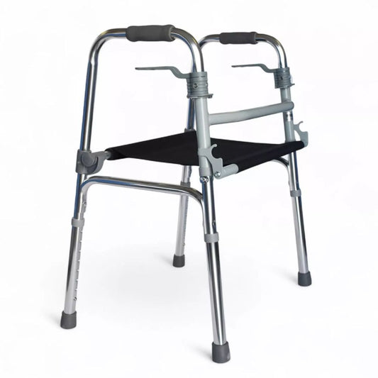Andador con asiento plegable sin ruedas, marco metálico y asiento negro