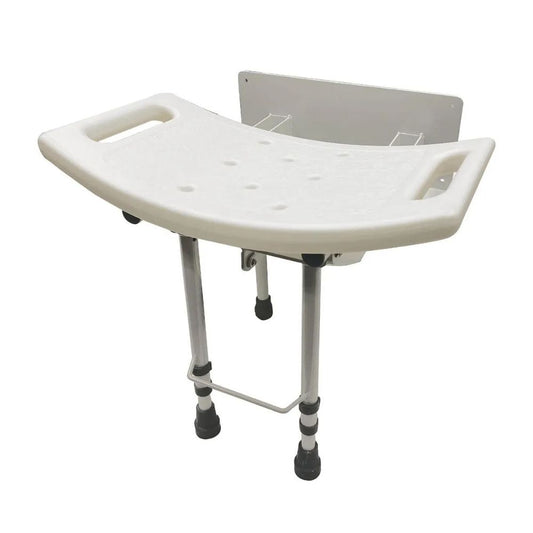 Silla ducha abatible de pared empotrada, asiento blanco con patas y respaldo