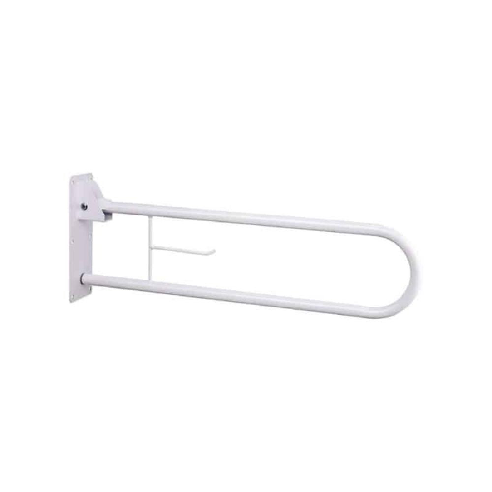 Barra de baño abatible esmaltada blanca con soporte mural y asa curva