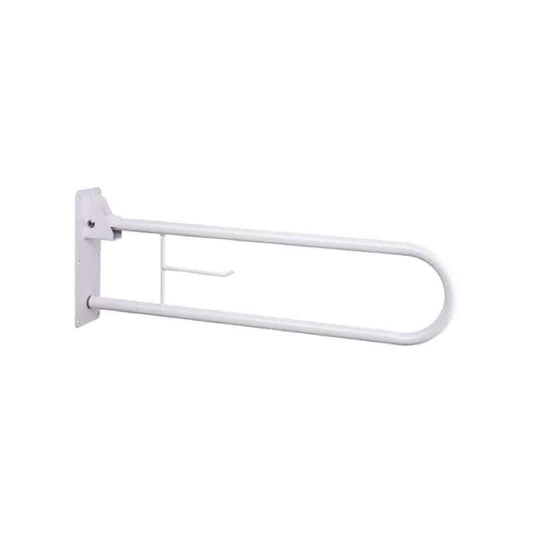 Barra de baño abatible esmaltada blanca con soporte mural y asa curva