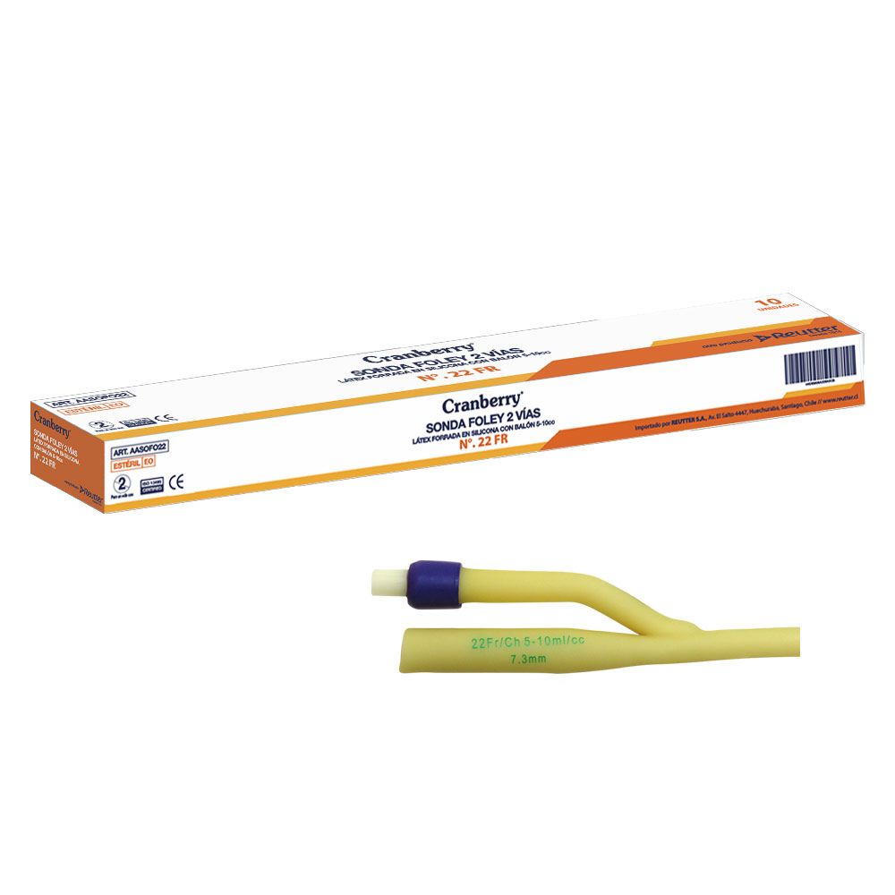 Sonda Foley 2 vías 22 Fr con balón 5 CC, catéter amarillo y punta azul oscuro