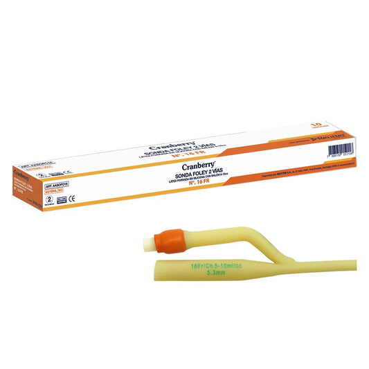 Sonda Foley 2 vías 16 Fr con balón 5 CC, catéter amarillo y punta naranja
