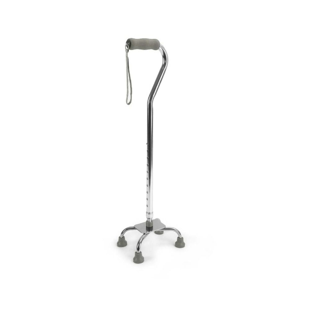Bastón 4 patas con empuñadura gris y base de cuatro soportes metálicos