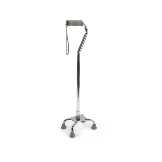 Bastón 4 patas con empuñadura gris y base de cuatro soportes metálicos