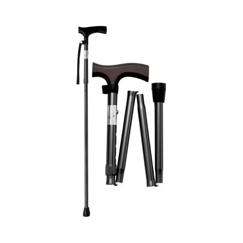 Bastón de apoyo plegable negro, empuñadura ergonómica y varios tramos plegables
