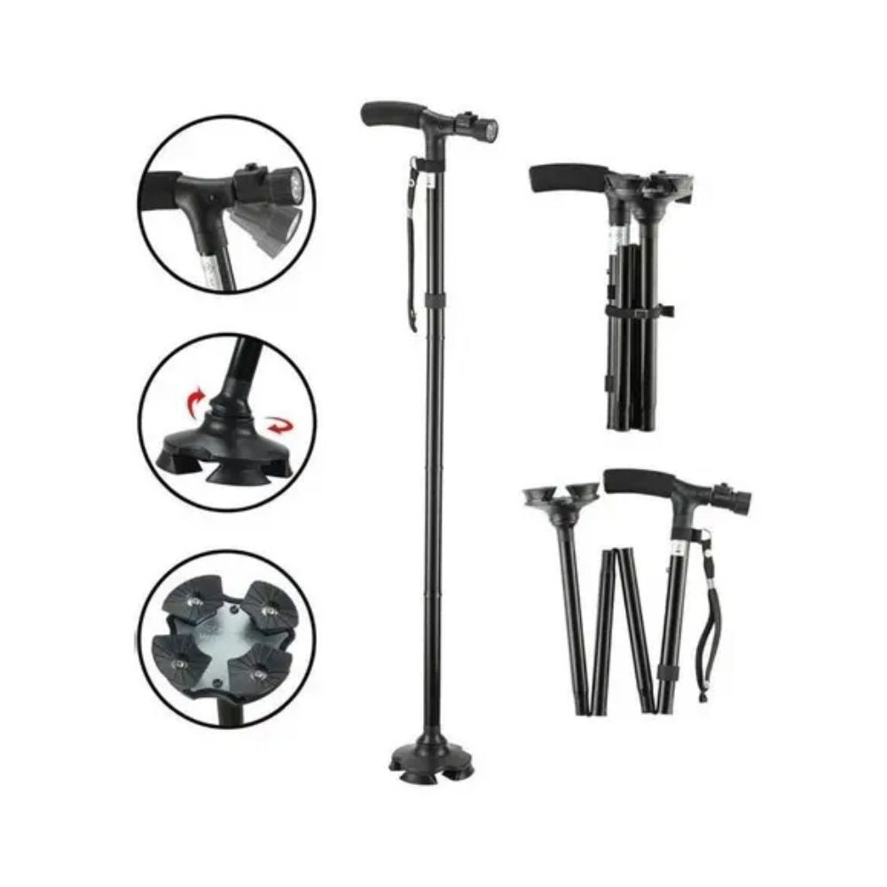 Bastón de apoyo plegable negro con luz y accesorios, vista general