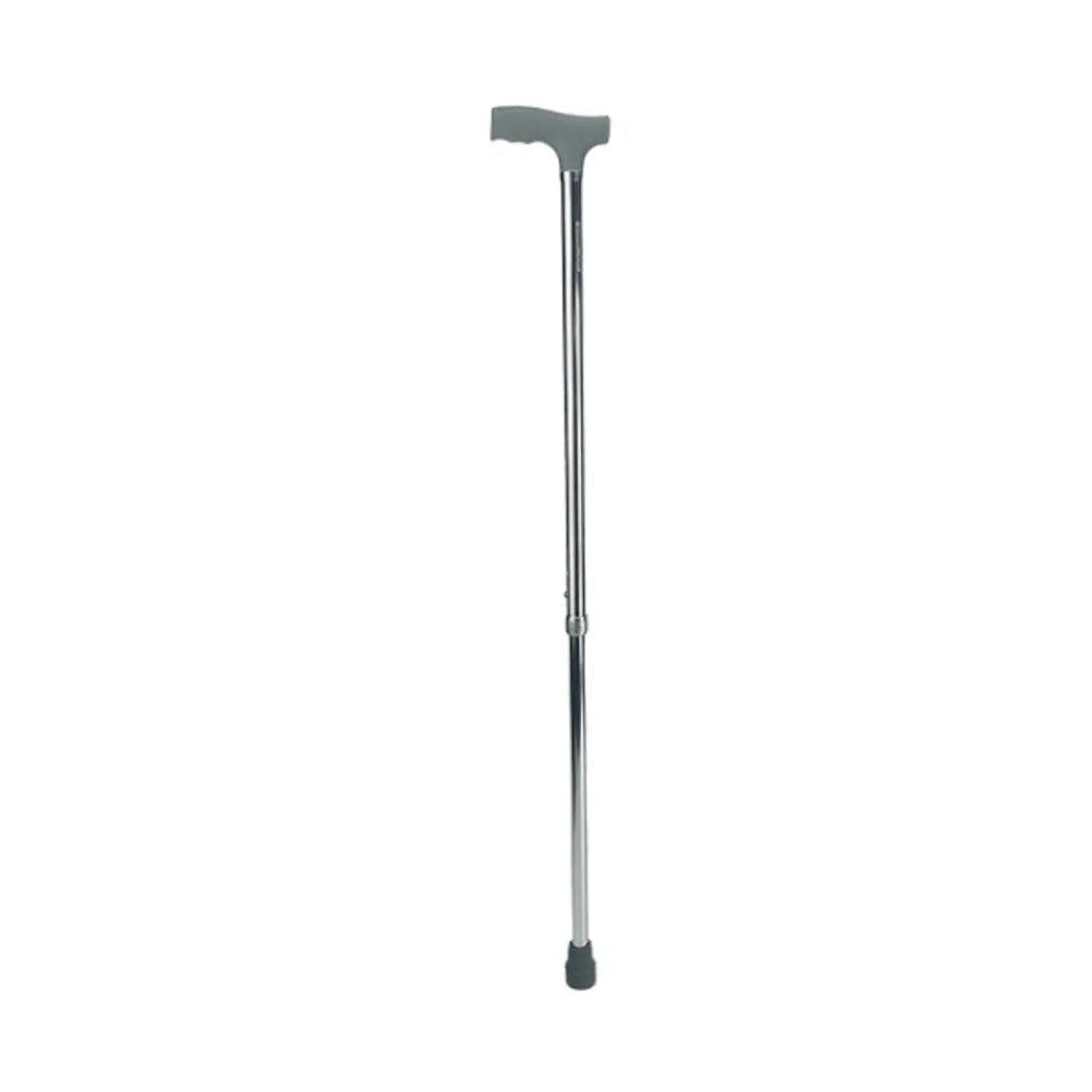 Bastón de apoyo ajustable con empuñadura gris y punta de goma