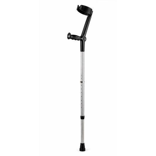 Bastón con soporte de codo móvil, empuñadura negra y tubo plateado ajustable