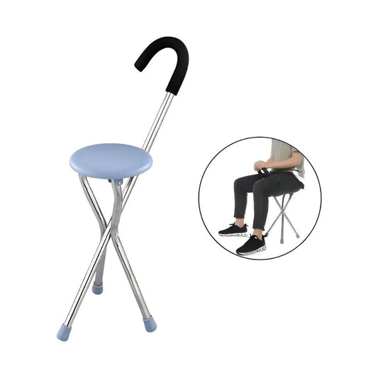 Baston con asiento con mango negro y asiento circular azul claro
