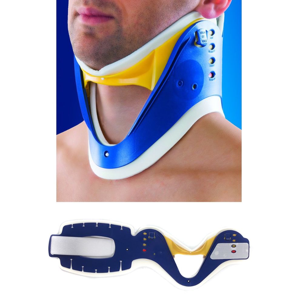 Cuello cervical ajustable con soporte para la barbilla, azul y blanco, ajuste visible.